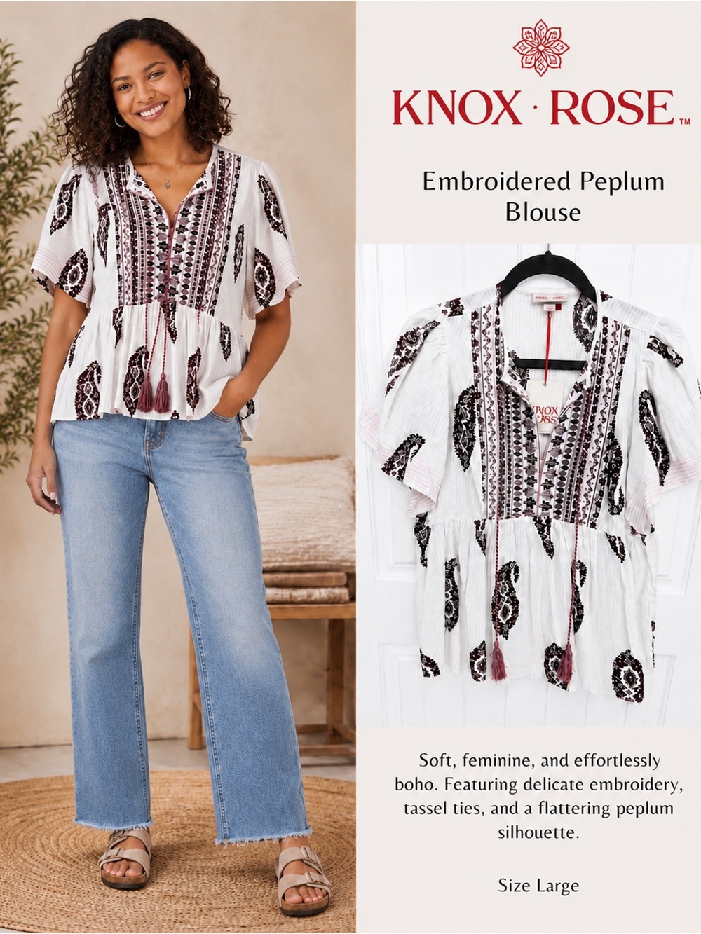 Knox Rose White Blouse with Black & Burgundy Embroidery